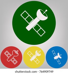 Satellite sign illustration. Vector. 4 white styles of icon at 4 colored circles on light gray background.