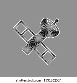 Satellite sign illustration. Vector. Black maze filled icon with white border at gray background.