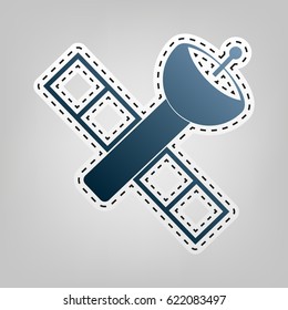 Satellite sign illustration. Vector. Blue icon with outline for cutting out at gray background.