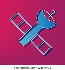 Satellite sign illustration. Vector. Blue 3d printed icon on magenta background.