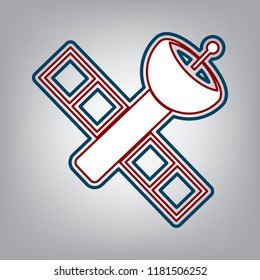 Satellite sign illustration. Vector. Dark red, transparent and midnight green stroke of white icon at grayish background.