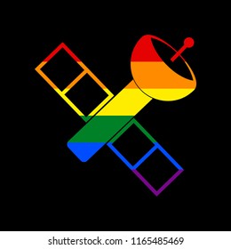 Satellite sign illustration. Vector. Icon with colors of LGBT flag at black background.