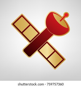 Satellite sign illustration. Vector. Red icon on gold sticker at light gray background.