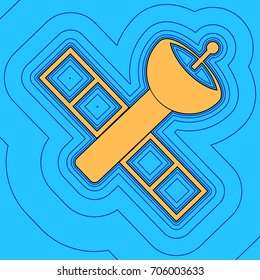 Satellite sign illustration. Vector. Sand color icon with black contour and equidistant blue contours like field at sky blue background. Like waves on map - island in ocean or sea.