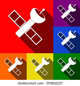 Satellite sign illustration. Vector. Set of icons with flat shadows at red, orange, yellow, green, blue and violet background.