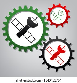 Satellite sign illustration. Vector. Three connected gears with icons at grayish background.