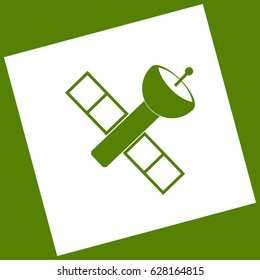 Satellite sign illustration. Vector. White icon obtained as a result of subtraction rotated square and path. Avocado background.
