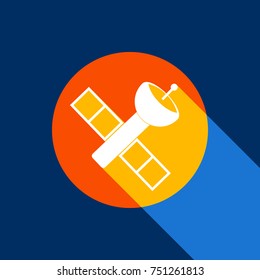 Satellite sign illustration. Vector. White icon on tangelo circle with infinite shadow of light at cool black background. Selective yellow and bright navy blue are produced.