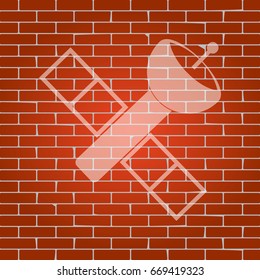 Satellite sign illustration. Vector. Whitish icon on brick wall as background.