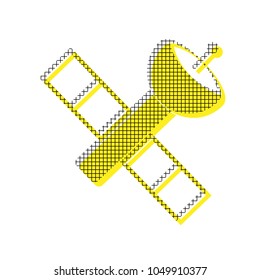 Satellite sign illustration. Vector. Yellow icon with square pattern duplicate at white background. Isolated.