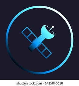 Satellite sign illustration. White, cyan and blue gradient icon as round button in white shell at dark blue background. Illustration.