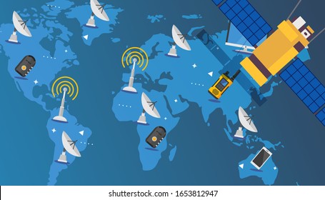 Satellite signal to antennas and electronic receivers, wireless internet connection navigation, vector illustration. Location tracker device, satellite flying over world map, internet and radio signal