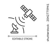 Satellite signal linear icon. Telecommunications network. Signal receiving dish satelite. Thin line customizable illustration. Contour symbol. Vector isolated outline drawing. Editable stroke