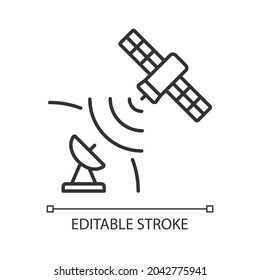 Satellite Signal Linear Icon. Telecommunications Network. Signal Receiving Dish Satelite. Thin Line Customizable Illustration. Contour Symbol. Vector Isolated Outline Drawing. Editable Stroke