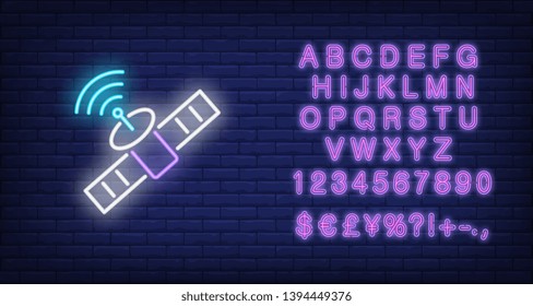 Satellite and signal symbol neon sign. Wifi, communication, technology concept. Advertisement design. Night bright neon sign, colorful billboard, light banner. Vector illustration in neon style.