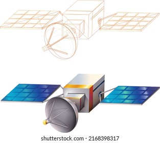 Satellite Sketch To Illustration,  Satellite Dish With Antenna Isolated On White Background. Satellite Design
