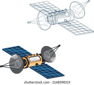 Satellite Sketch To Illustration,  Satellite Dish With Antenna Isolated On White Background. Satellite Design
