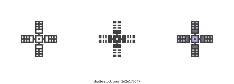 Satellite with solar panels different style icon set. Line, glyph and filled outline colorful version, outline and filled vector sign. Symbol, logo illustration. Vector graphics