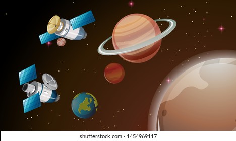 satellite in solar system scene illustration