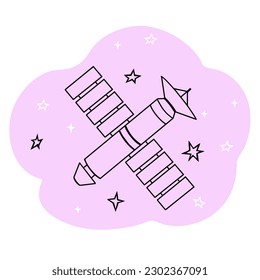 Satellit im Weltraum, Sendung, Radar, Empfänger. Vektorgrafik für Hintergründe, Umschläge und Verpackungen. Das Bild kann für Grußkarten, Poster und Aufkleber verwendet werden. Einzeln auf weißem Hintergrund.
