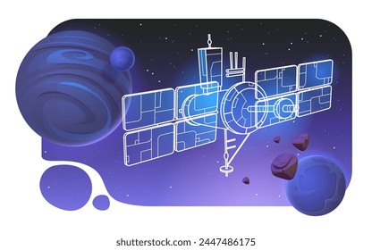 Satellit im Weltraum Cartoon Hintergrund. Galaxy Station Design mit Planet im Himmel. Kosmisches Abenteuer-Hologramm für die Kommunikation mit Erde und GPS-Netzwerk-Clipart. Zukunftsweisende Reisetechnologie