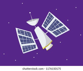 Satellite in space in cartoon style. Flat vector illustration.