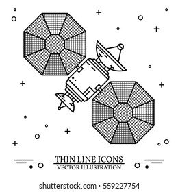 Satellite in space on the white background. Human mission to Mars. For web design and application interface, also useful for infographics. Spaceship thin line icon. Vector Illustration.