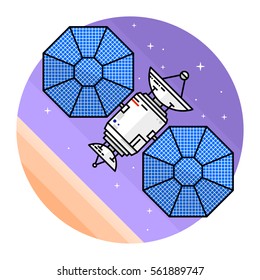 Satellite in space on the white background. Human mission to Mars. For web design and application interface, also useful for infographics. Spaceship thin line icon. Vector Illustration.