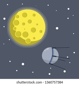 Satellite in space orbiting the earth. Soviet Sputnik fly around planet. Moon and milky way. Exploration of universe and galaxy. first flight into space. Modern technology. Cartoon flat illustration