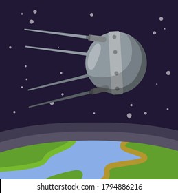 Satellite in space orbiting the earth. Soviet Sputnik fly around planet. Exploration of universe and galaxy. Modern technology. Cartoon flat illustration. first flight into space