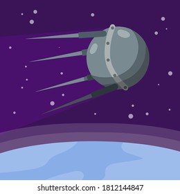 Satellite in space orbiting the earth. Soviet Sputnik fly around planet. Exploration of universe and galaxy. first flight into space. Modern technology. Cartoon flat illustration
