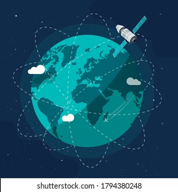 Satellite space ship station orbits around the earth planet as global communication future technology concept vector illustration flat cartoon, worldwide cosmic network modern design