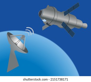 Sistema espacial satelital en el espacio. La conexión entre la tierra y el espacio. Ilustración vectorial.
