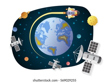 satellite and spaceship cartoon on earth with space,paper art