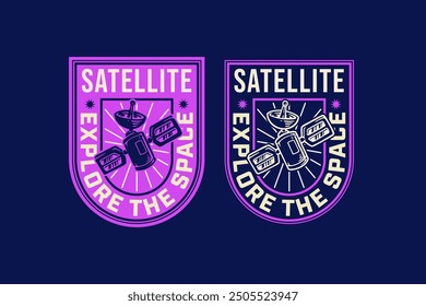 Satélite o estación de Sputnik Órbita Espacio Galaxia Insignia retro Logotipo Diseño de colección de Vector para astronauta, aventura, tecnología, científico  