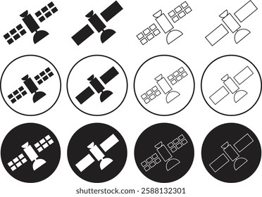 Satellite station icons set in flat and line styles. Internet communication vectors. Broadcast symbols. Space station illustration for graphic and website designs isolated on transparent background.