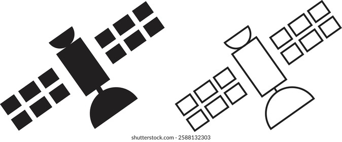 Satellite station icons set in flat and line styles. Internet communication vectors. Broadcast symbols. Space station illustration for graphic and website designs isolated on transparent background.