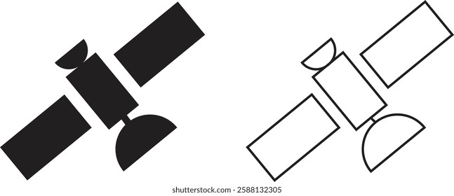 Satellite station icons set in flat and line styles. Internet communication vectors. Broadcast symbols. Space station illustration for graphic and website designs isolated on transparent background.