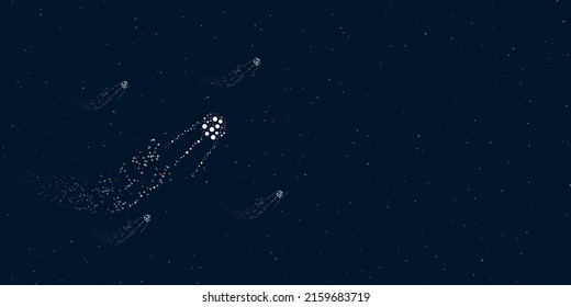 A Satellite Symbol Filled With Dots Flies Through The Stars Leaving A Trail Behind. Four Small Symbols Around. Empty Space For Text On The Right. Vector Illustration On Dark Blue Background With Stars