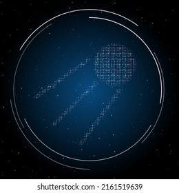 The satellite symbol filled with white dots. Pointillism style. Some dots is pink. Vector illustration on blue background with stars