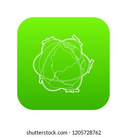 Satellite system around Earth icon green vector isolated on white background