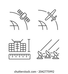 Satellite technologies linear icons set. Geostationary, drone, nano, ground satelites. Customizable thin line contour symbols. Isolated vector outline illustrations. Editable stroke