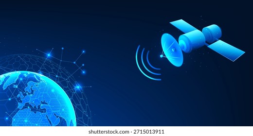 Tecnologia de Satélite de Fundo, Satélite Espacial Transmitindo Sinal para a Terra, Linhas de Conexão de Rede Global, Comunicação de Dados do Espaço Exterior Refletindo de Volta para a Terra, Distribuição Mundial