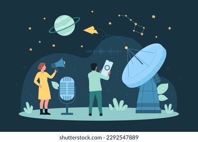 Satellite technology and communication vector illustration. Cartoon tiny people holding megaphone and mobile phone to connect to satellite dish and send speed message to outer space from Earth