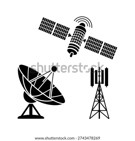 Satellite and Telecommunications Icons Set Vector Silhouette
