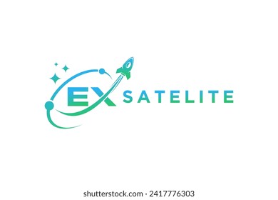 Diseño del logotipo de la tecnología de telecomunicaciones por satélite, futura empresa espacial.