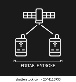Satellite telephony white linear icon for dark theme. Global telecommunications network connection. Thin line customizable illustration. Isolated vector contour symbol for night mode. Editable stroke