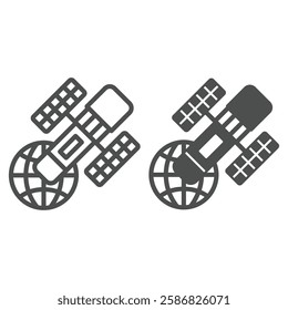 Satellite telescope and globe line and solid icon, space and optical equipment concept. Vector graphics. Planet and lens satellite sign on white background, outline style icon for mobile or web