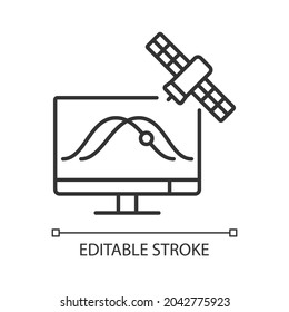 Satellite tracking linear icon. Artificial satelites orbits observation through application. Thin line customizable illustration. Contour symbol. Vector isolated outline drawing. Editable stroke