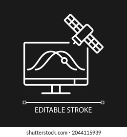 Satellite tracking white linear icon for dark theme. Artificial satelites orbits observation. Thin line customizable illustration. Isolated vector contour symbol for night mode. Editable stroke